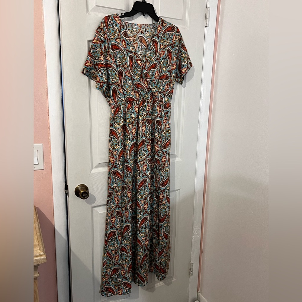 Maxi light weight mock wrap dress with faux leather belt size XL NWOT